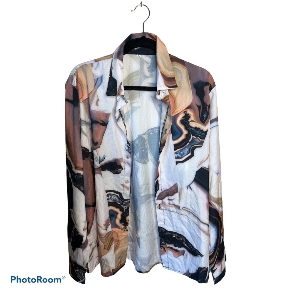 Vintage  graphic Brown Multi patterned long sleeve button up shirt blouse